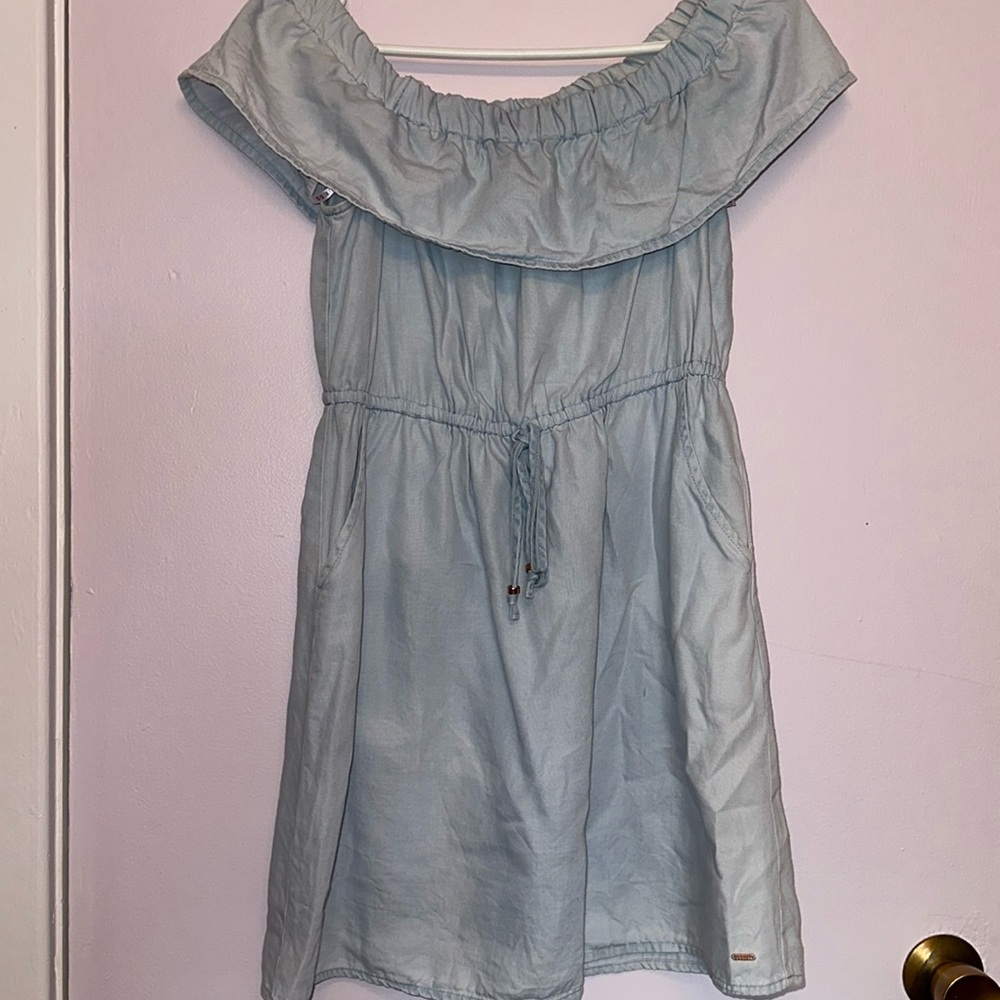Guess Faux Denim Off Shoulder Mini Dress